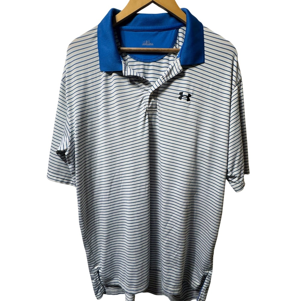 Under Armour Polo Shirt Mens Medium White Blue Striped Performance Golf Tee